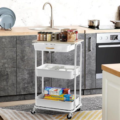 Simple Houseware 3-Tier Rolling Utility Cart with Drawer & Wood Tabletop - Mobile Sofa Side Table, Nightstand, Slim Storage Organizer Trolley for Bedroom, Bathroom, Office & Art Supplies, Maple