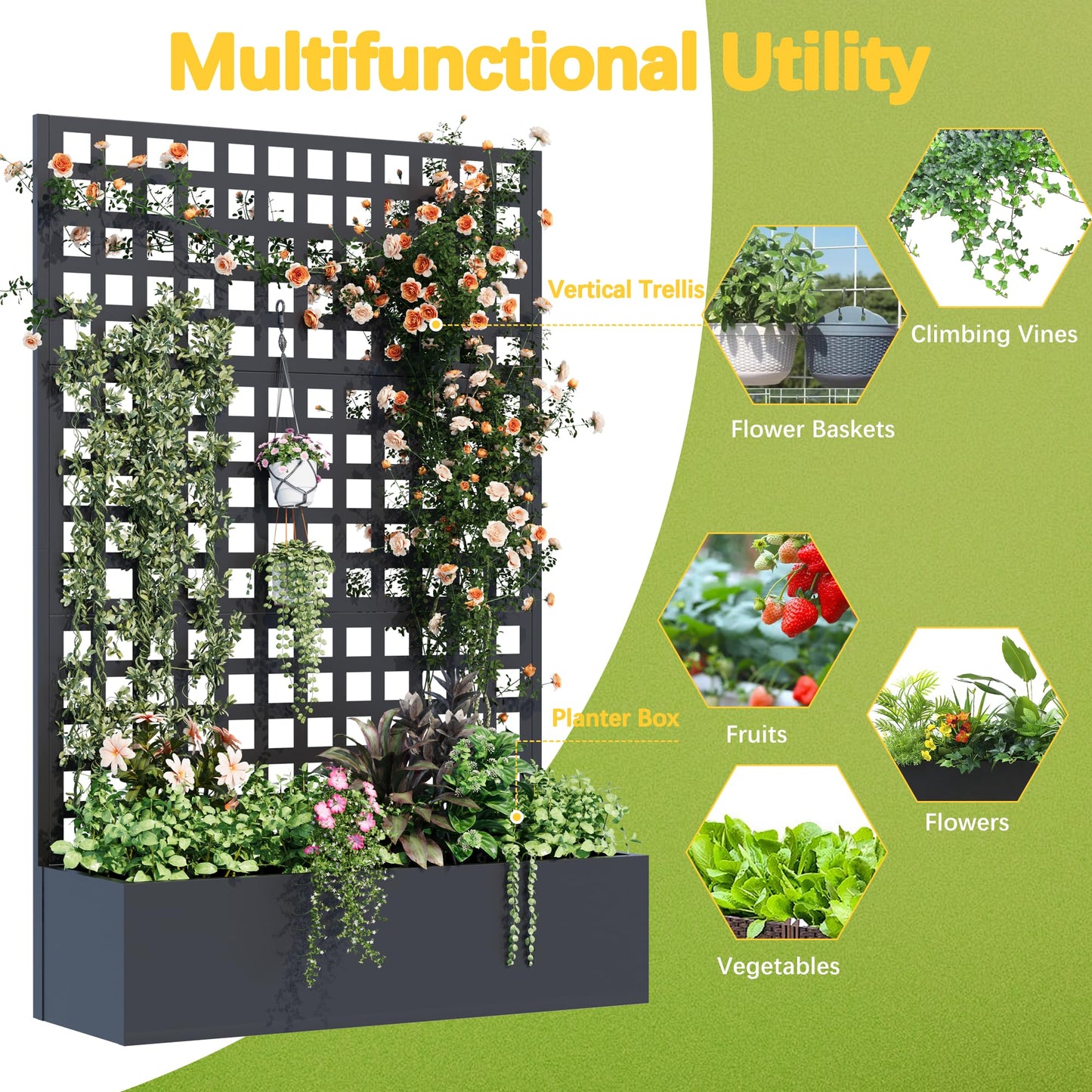 UPHYB Metal Planter Box with Trellis, 71"x 47"x 16" Raised Garden Bed, Planter Box Trellis with Privacy Screen and Drainage Holes, Black