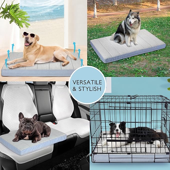 Cooling Dog Bed for 2XL Large Dogs - Orthopedic Pet Beds with Memory Foam, QMAX>0.5, Waterproof Removable Washable Cover for Hot Weather, Gery, 47" L x 29" W x 3" H
