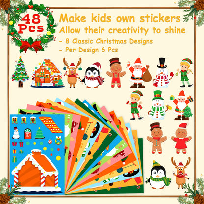 LINAYE 48 Sheets Christmas Stickers Crafts for Kids Toddlers, 8 Styles Make Your Own Stickers Goodie Treat Bag Stuffers Christmas Game Activities for Kids Toddlers Party Favors