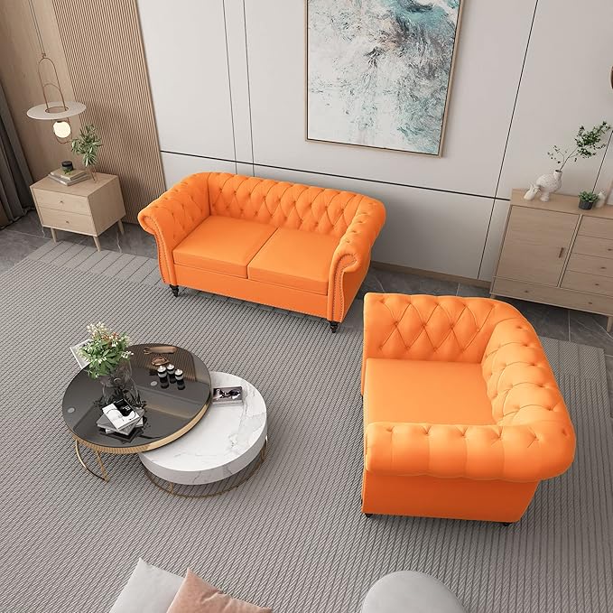 ORRD 2 Piece Living Room Set, Velvet Chesterfield Sofa Loveseat Couch Chair