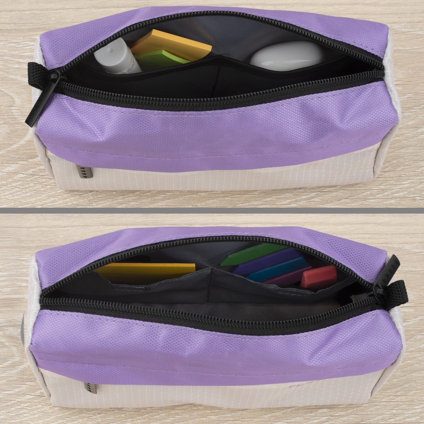 Five Star Pencil Pouch 9-Pocket Zipper Storage Organizer Case for Office Supplies Earbuds Chargers Cables Makeup, Tan/Purple (505600E)