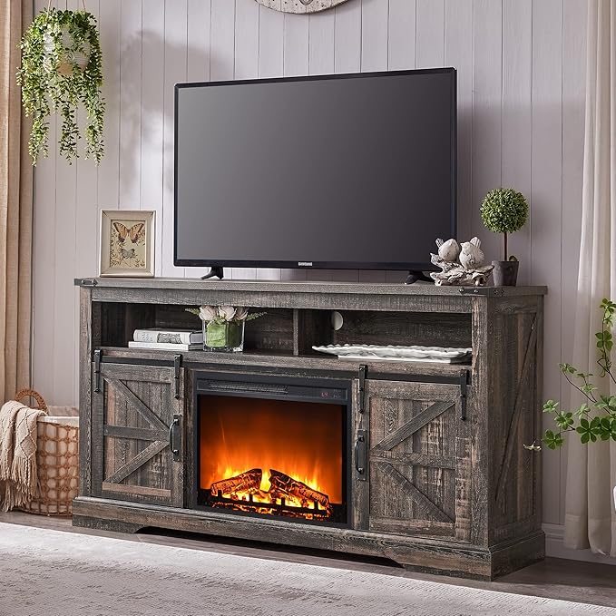 OKD Fireplace TV Stand for 65+ Inch TV, Rustic Media Console w/Sliding Barn