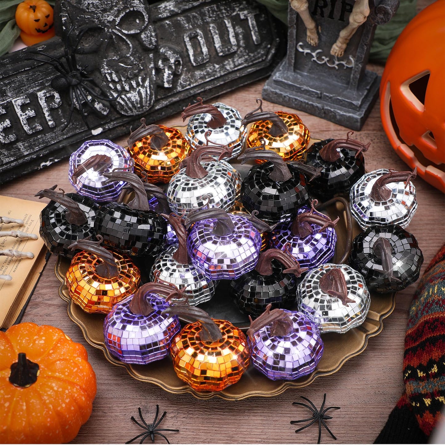 Silipull 24 Pcs Artificial Disco Pumpkin Glitter Mirror Pumpkin Fall Hanging Mini Pumpkins Ornaments for Autumn Halloween Thanksgiving Decoration Table Centerpiece(Black, Silver, Orange, Purple)