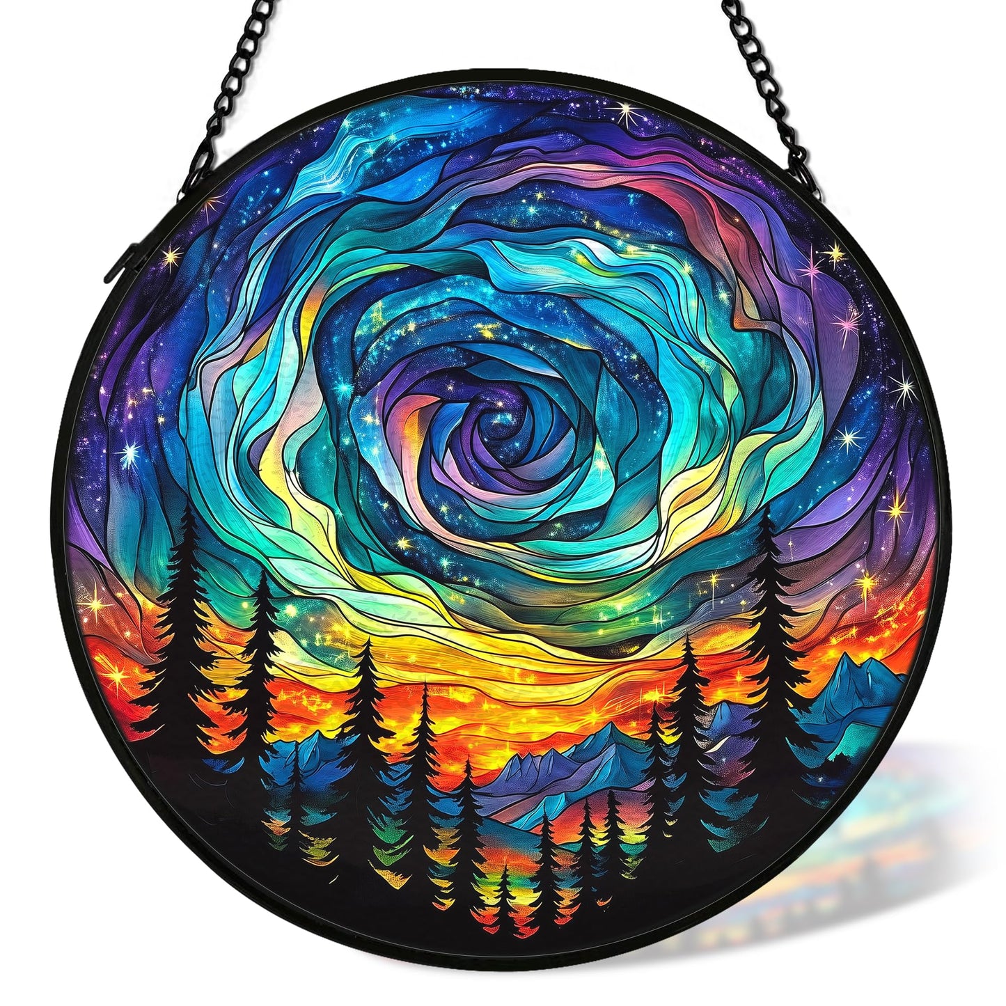 cvjutf Northern Lights Suncatcher Stained Glass Window Hanging Decor Ornaments, Nature Mountain Stained Glass Decor, Landscape Garden Lawn Sun Catchers Hanging Wall Art, Nature Lover Gifts,7.9x7.9In