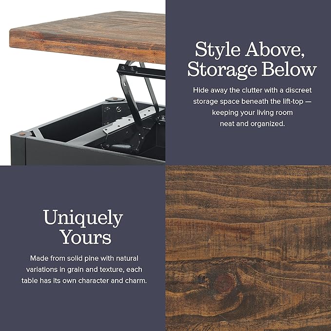 Alaterre Furniture Pomona Living Room 42 Inch Lift Top Solid Wood Coffee Table
