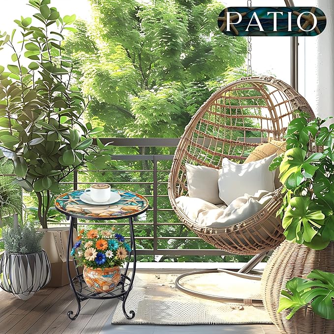 Cinnvoice Outdoor Side Table Round Small Mosaic Patio Accent Indoor End Plant