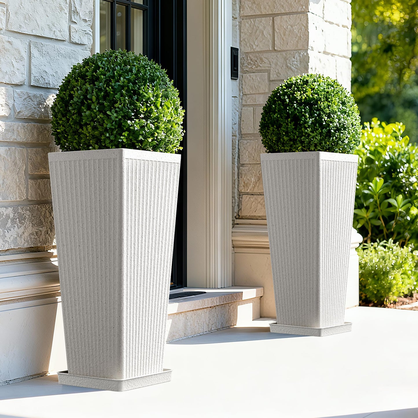 Diyfire Tapered Tall Planters for Outdoor Plants 2 Pack- 23.6 Inch Heavy-Duty Classic Square Indoor Flower Pots with Drainage Holes/Partition/Tray, Large Outdoor Planters for Porch Patio, White