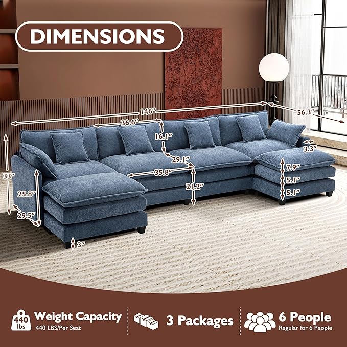 Ihanherry 146" U-Shaped Modern Sofa Modular Sectional Cloud Couch