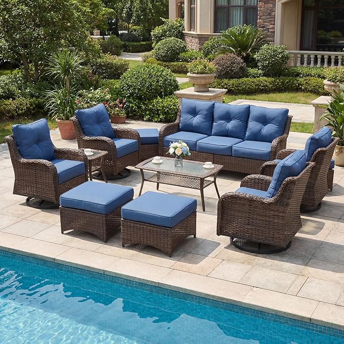 Patio Furniture Set, High Back Rattan Sofa & Swivel Rocker Chairs, Weather