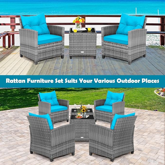 HAPPYGRILL 3 Pieces Patio Conversation Set, Outdoor Furniture Set PE Rattan
