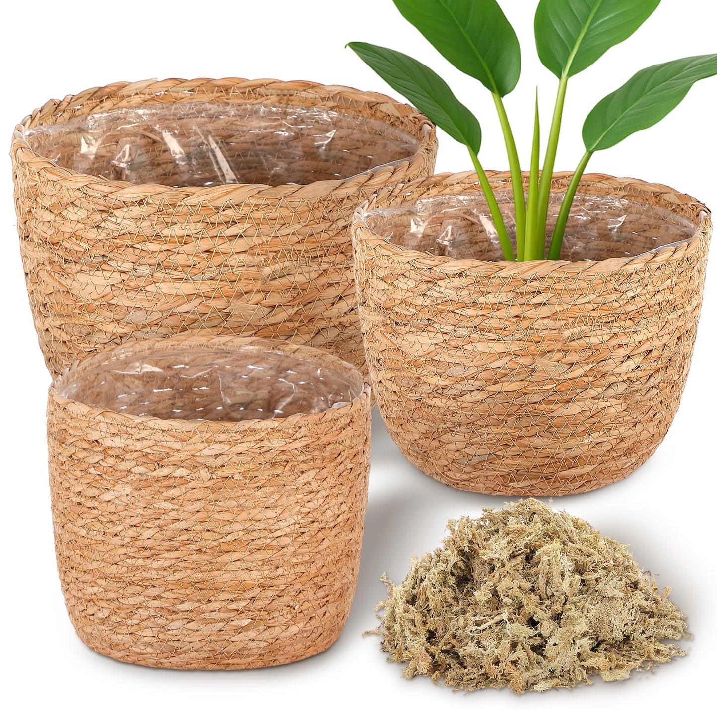 Knitgrip 3 Pack Seagrass Plant Basket Indoor with Artificial Moss 3 Sizes Woven Baskets Flower Pots Planters for Home Decor