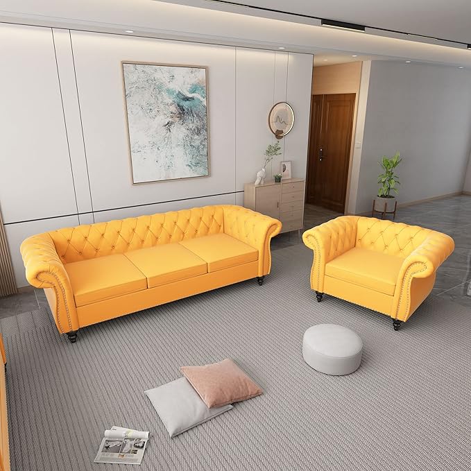 ORRD 2 Piece Living Room Set, Velvet Chesterfield Sofa Couch Chair
