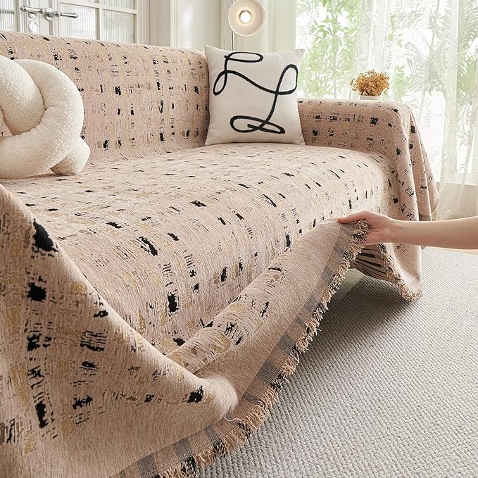 DREAMINGO Abstract Chenille Couch Cover Blanket Coffee Black Boho Sofa Cover
