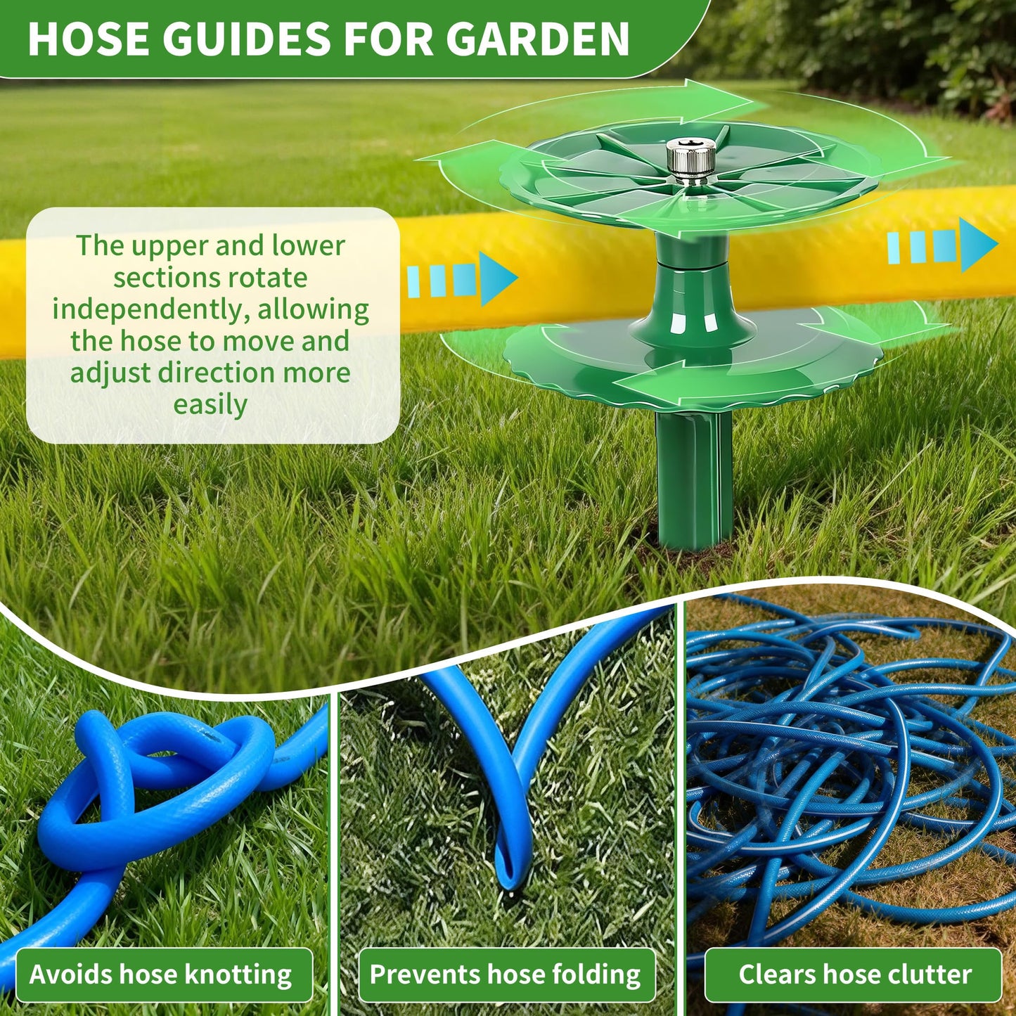 4 Pack 10 Inch Garden Hose Guide Stakes, Upgraded Reinforced Disc, Rotatable Double-Disk Sun Protection Heavy-Duty Plastic Stake, Hose Guard for Yard, Lawn & Flower Bed Landscaping(Green 4Pcs)