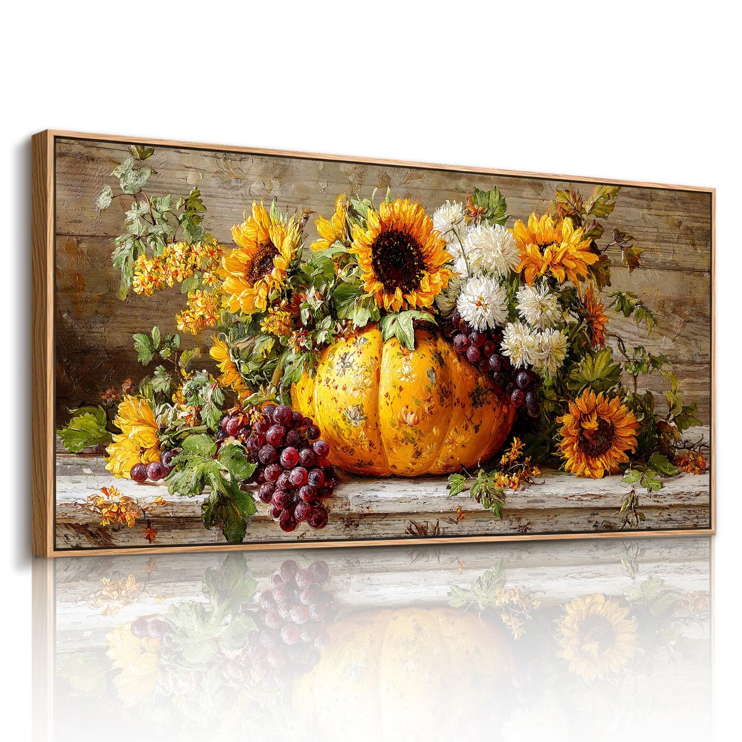 SERIMINO Oversized Wall Art, Flower Wall Art, Framed Artwork for Walls, Sunflower Botanical Prints, Pumpkin Fruit Large Painting, Rustic Pictures Wall Decor Living Room Dining Room Farmhouse 29"x57"