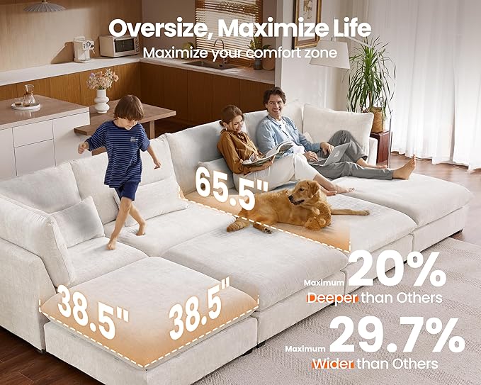 154" Oversized Chenille Couch Modular Sectional Sofa, Washable Cloud Couch