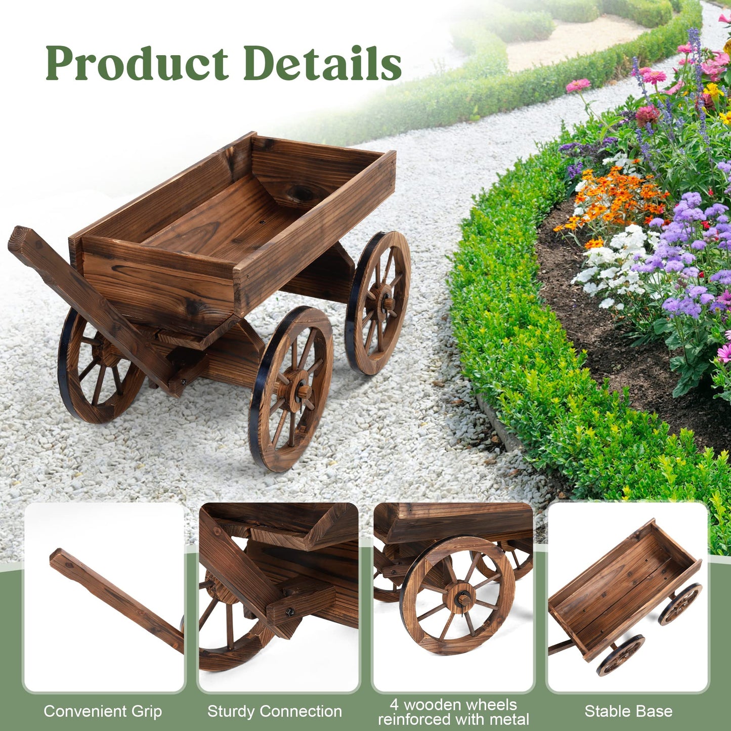 OIPRTGFJ Wood Wagon Planter for Outdoor Balcony Decor - Garden Rustic Wooden Flower Cart with Wheels for Outside Garden Decor Wheelbarrow Planter for Patio