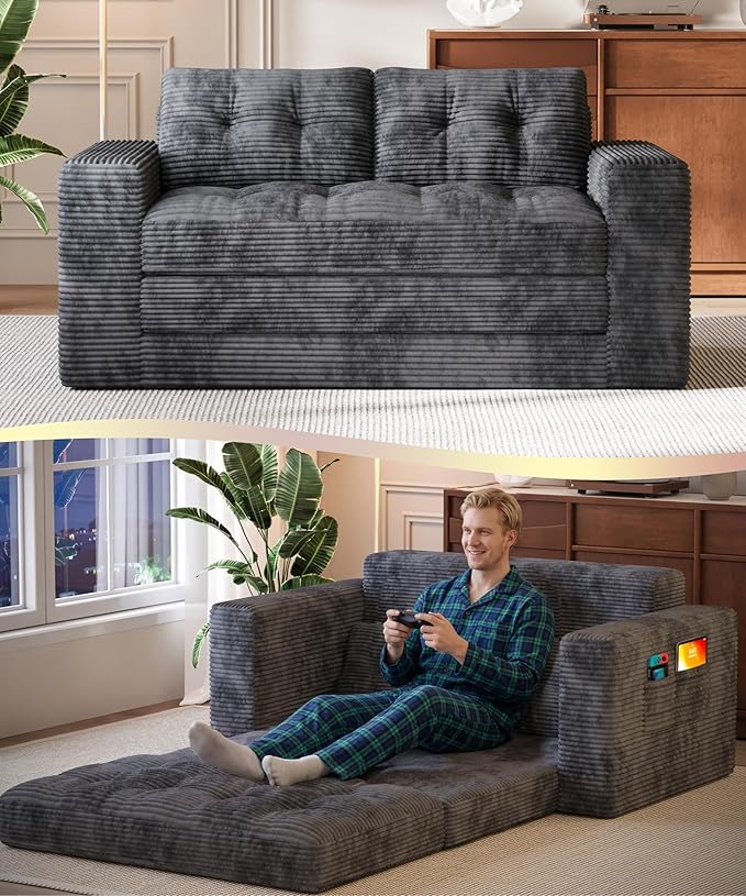 Gizoon Boneless Convertible Floor Sofa Bed, Corduroy 2 Seater Lounge Sleeper