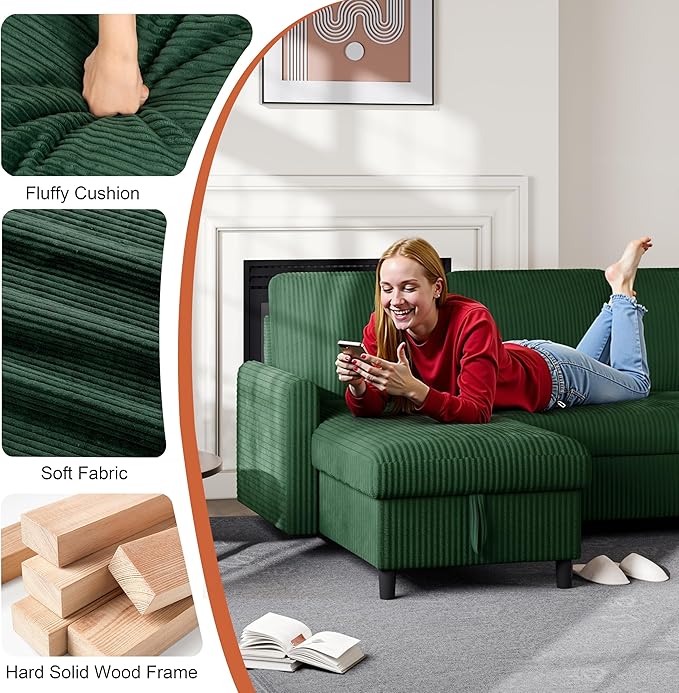 Vongrasig Pull Out Couch, 2 in 1 Sectional Sleeper Sofa Bed
