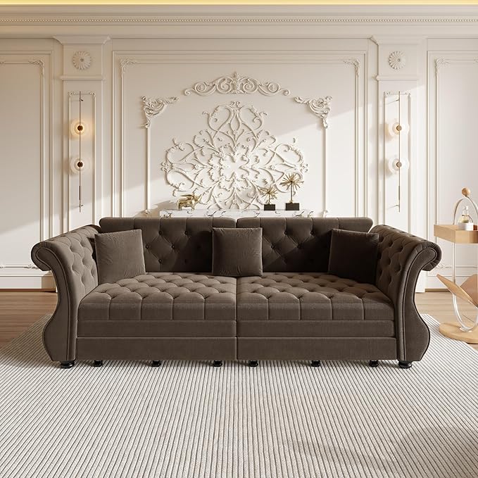 97.6" Oversized Pull Out Sofa Bed, Chesterfield Velvet Sleeper Sofa Couch