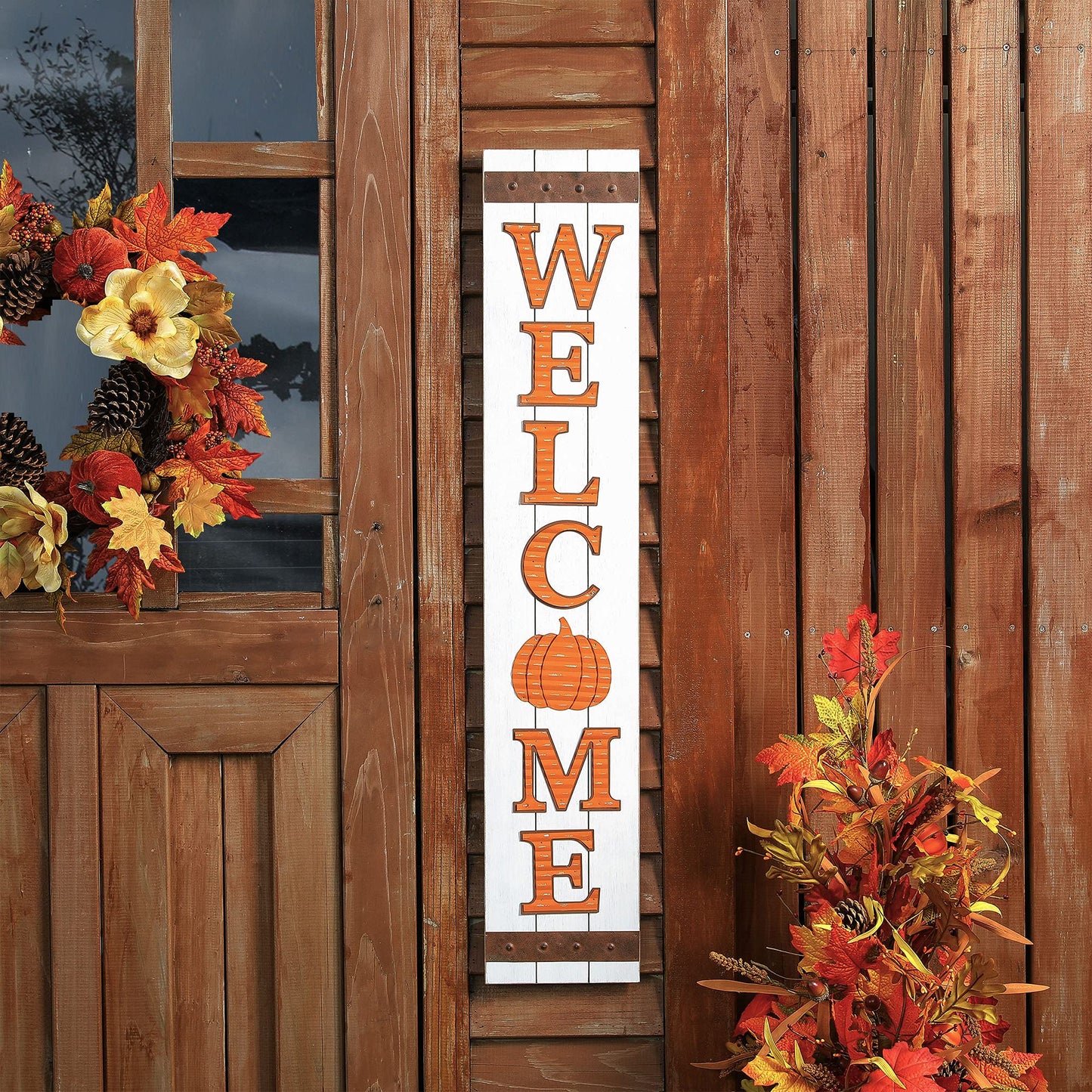 Glitzhome 42"H Fall Wooden Pumpkin Welcome Porch Sign for Fall Harvest Thanksgiving Autumn Indoor Outdoor Front Porch Decoration