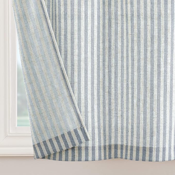 jinchan Tie Top Linen Kitchen Curtains 24 Inches Striped Tier Curtains Farmhouse Modern Cafe Style Small Window Treatments Airy Light Filtering Rod Pocket for Living Room Bathroom 2 Panels Blue