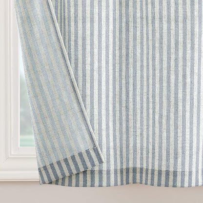 jinchan Tie Top Linen Kitchen Curtains 24 Inches Striped Tier Curtains Farmhouse Modern Cafe Style Small Window Treatments Airy Light Filtering Rod Pocket for Living Room Bathroom 2 Panels Blue