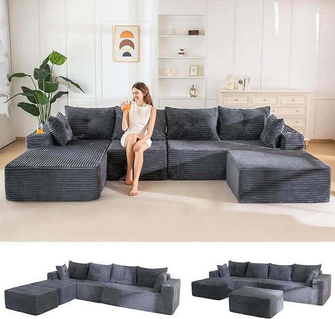 MAXYOYO 132" Giant U-Shaped Modular Sectional Couch, Modern Boneless Couch