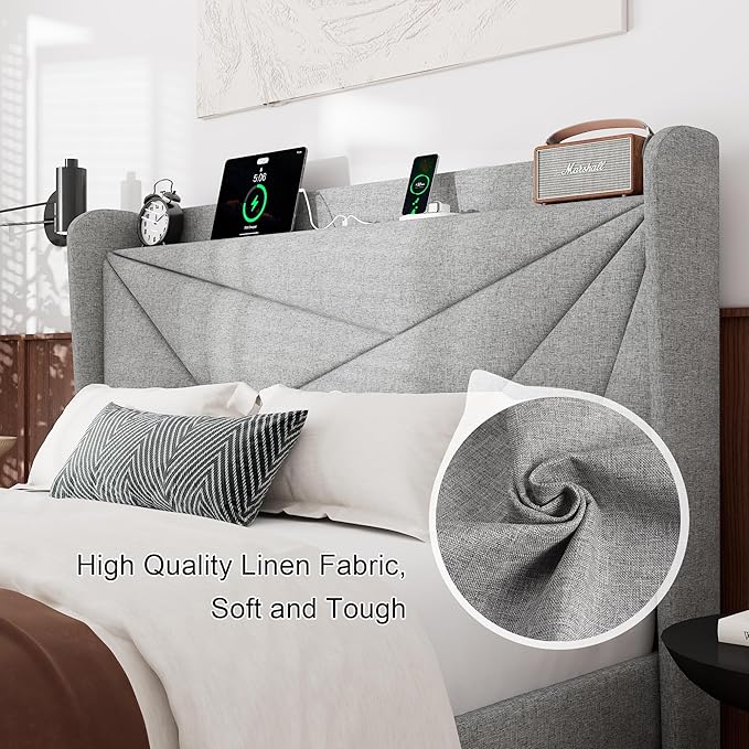 Feonase Queen Bed Frame with Charging Station, Linen Upholstered Platform