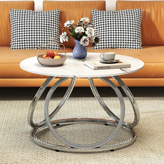 O&K FURNITURE Silver Coffee Table, Round Coffee Table Faux Marble Veins