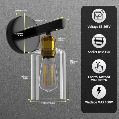 Set of Two Wall Sconces for Bedroom, Modern Wall Mount Light Fixtures with Clear Glass Shade Lighting Lanterns, Farmhouse Wall Lights for Bathroom Living Room Mirror Hallway Kitchen (E26 Base)