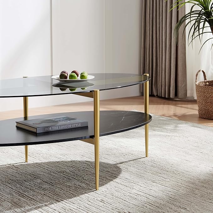 LumFurn Oval Glass Coffee Table, Mid-Century Modern Design, L43 x W22 x H17 inch
