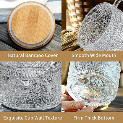 DOPUDO Vintage Glass Coffee Mugs, Overnight Oats Containers With Lids,Glass Cup With Sealed Lid and Spoon,Glass Coffee Mugs, Coffee Bar Accessories, Ideal for Cappuccino, Latte(2-Pack,14oz)