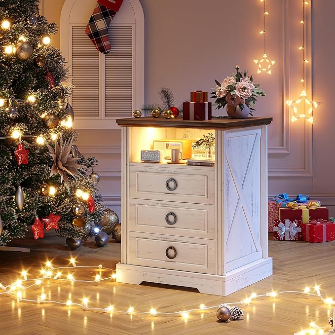 Nightstand with Charging Station, Farmhouse End Side Table with 3 Drawers and