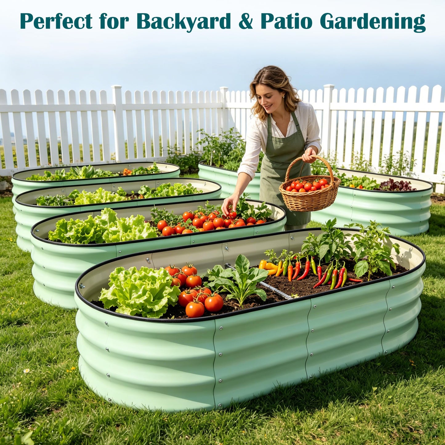 Chonsun Metal Raised Garden Bed, Extra Large Oval Galvanized Steel Raised Planter Box, Mint Green Garden Bed for Vegetables Flowers Herbs, Outdoor Patio Backyard Weather Resistant