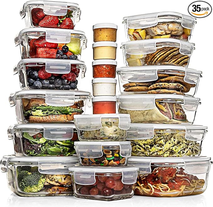 Razab 35 Pc Set Glass Food Storage Containers with Lids - Meal Prep Airtight Bento Boxes BPA-Free 100% Leak Proof (15 lids,15 glass & 5 Plastic Sauce/Dip Containers)