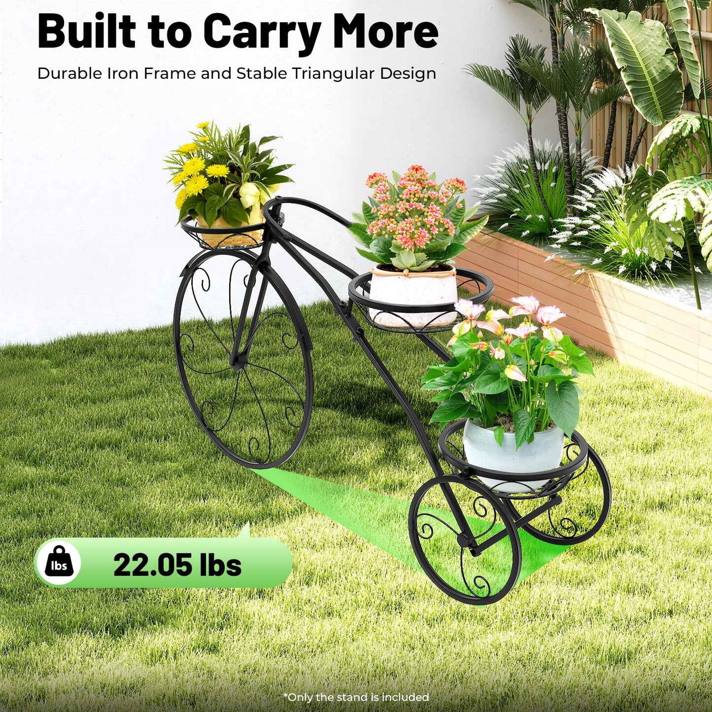 Dfmyhked Metal Bicycle Plant Stand, 3-Basket Tricycle Design with 22LBS Load Capacity, 2-Plant Iron Bicycle Plant Stand for Indoor/Outdoor Garden, Balcony, Living Room (Black)