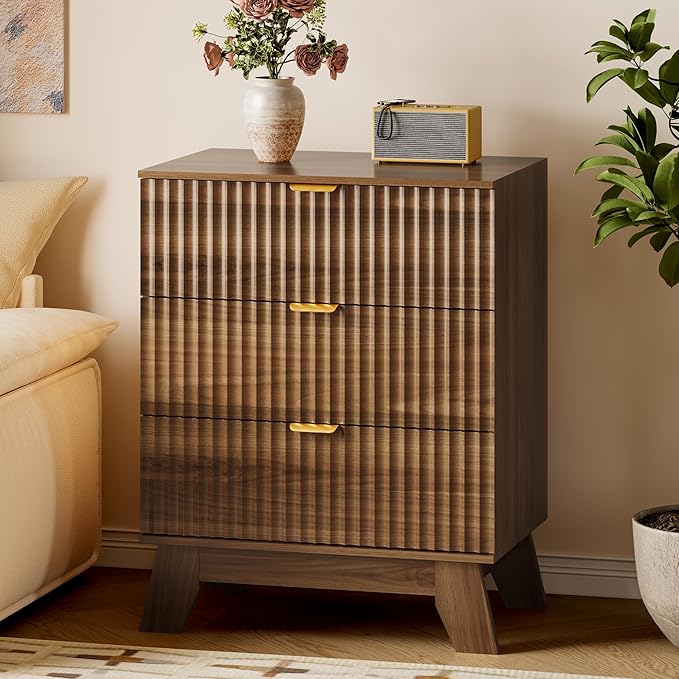 BORNOON Fluted 3 Drawer Dresser, 30.3" Tall Compact Modern Boho Chest of Drawers