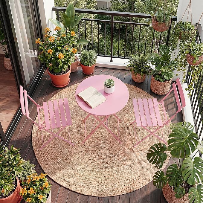 GarveeLife 3 Piece Patio Bistro Set, Folding Patio Bistro Table and Chairs Set