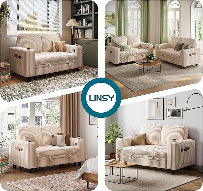 LINSY HOME Sectional Sleeper Sofa Bed, Corduroy Pull Out Couch