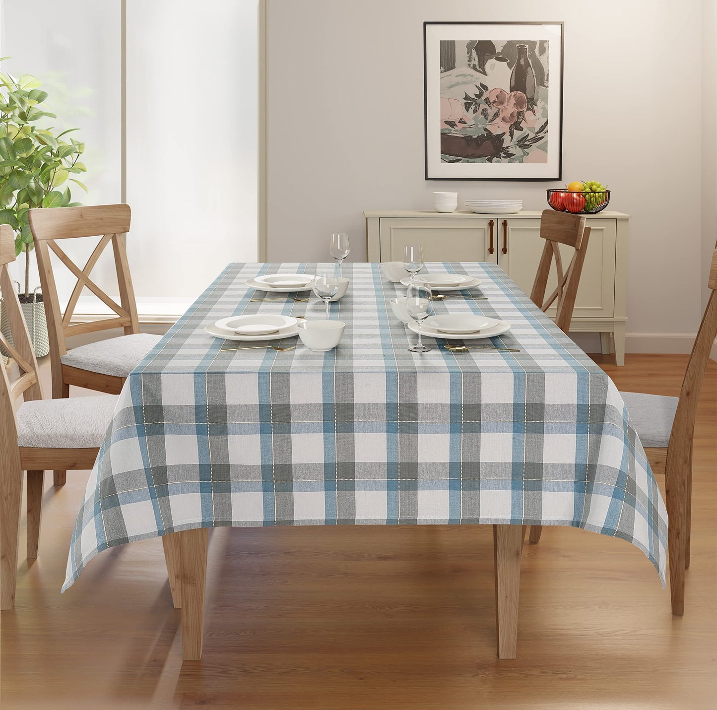 Casa De Lan Rectangle Table Cloth - Table Cover - Cotton Mitered Stitched - Checks Table Covers for Kitchen Dining, Wedding, Decorations, & Parties - 60x104 in - Blue Tartan