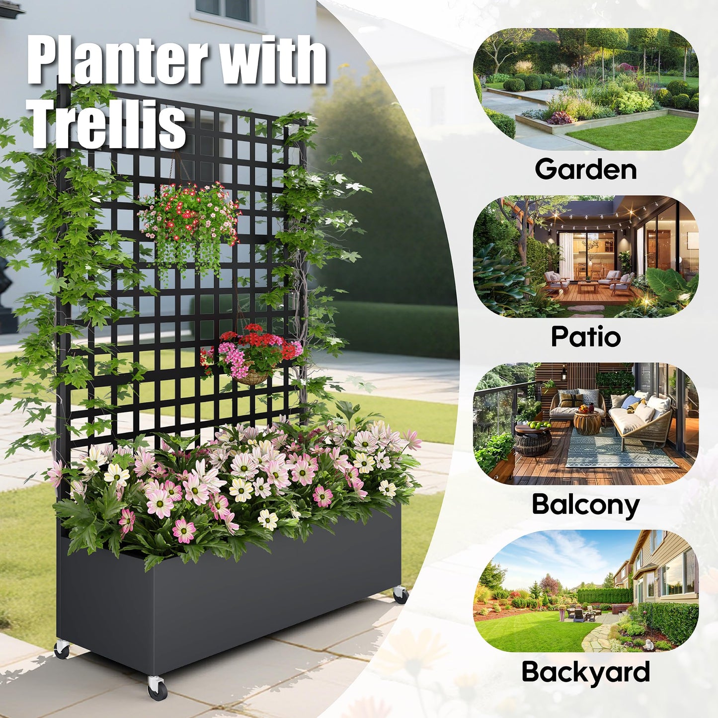 Sunnibety Metal Planter Box with Trellis Privacy Screen, Raised Garden Bed with Lattice Trellis & Wheels, Privacy Planters for Patio, Planter Box for Climbing Plants, Flower, 73"x 47"x 16", Black