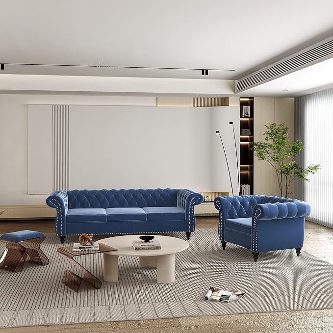ORRD 2 Pieces Living Room Set, Velvet Couch Chesterfield Sofa Couch Chair
