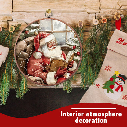 heiyihe Round Christmas Canvas Frame Wall Art Decor, 10x10 Inches Santa Reading Book Hanging Wall Artwork, Christmas Embroidery Kit Decor for Home Living Room, Xmas Gift Ideas for Family Friends-A05