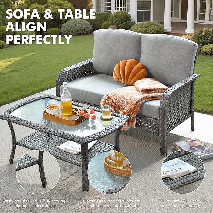 Wicker Patio Furniture Set High Back Loveseat Sofa Couch Armchair Coffee Table