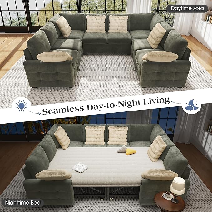 Ihanherry Large U-Shaped Sectional Sofa Bed, 8-Seater Convertible Sleeper