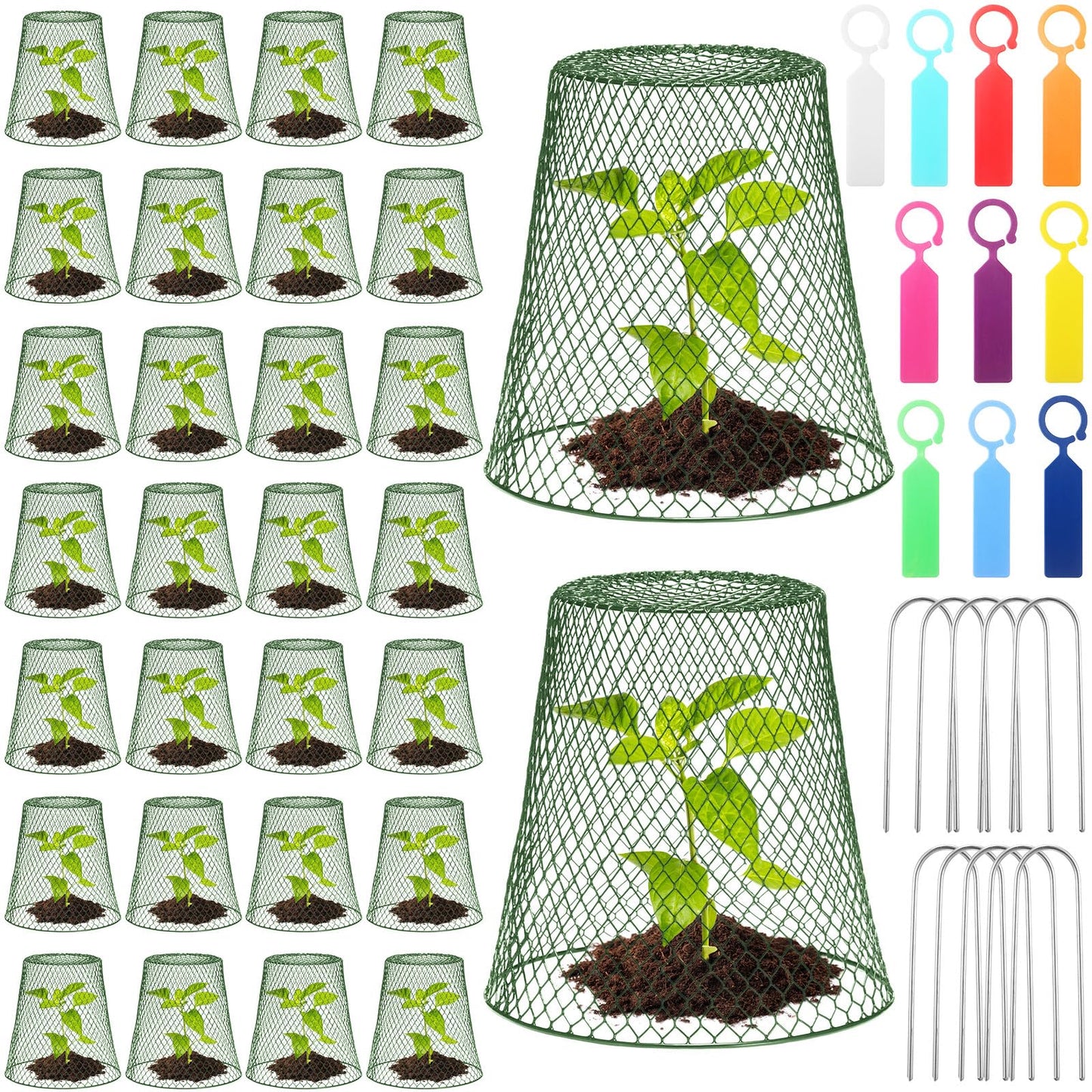 Geosar 30 Pcs 9 Inch Chicken Wire Cloche Plant Protector Cover Metal Garden Cloche Netting Protection Cages Vegetables Flowers with Garden Stakes Avoiding Chicken Rabbit Squirrels Birds (Green)
