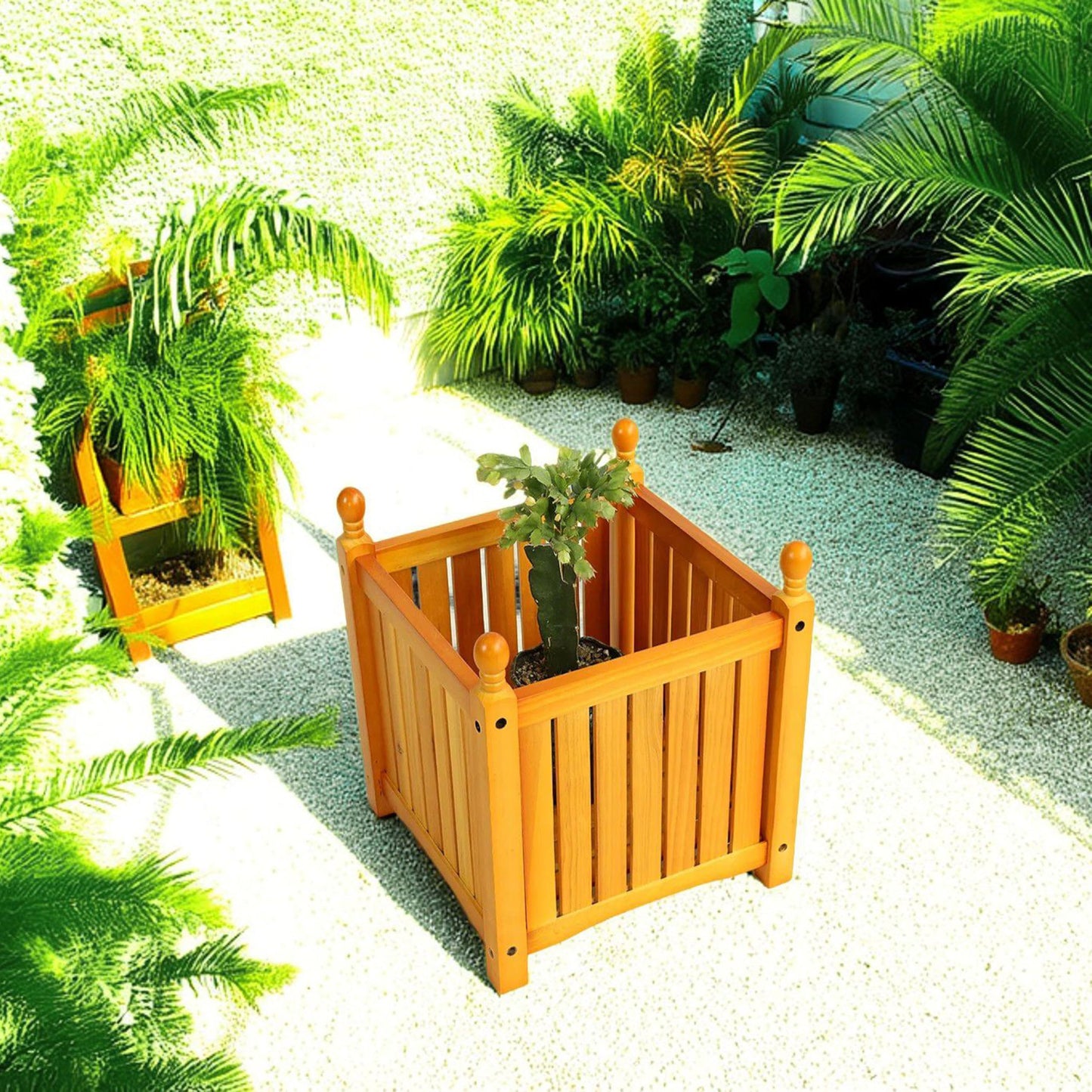 Sang Seiyoga Square Wood Planter Box, Solid Wood Outdoor Plant Container with Drainage, Large Square Flower & Herb Pot Outside Plant and Vegetable Container for Garden, Patio, Porch (Teak)