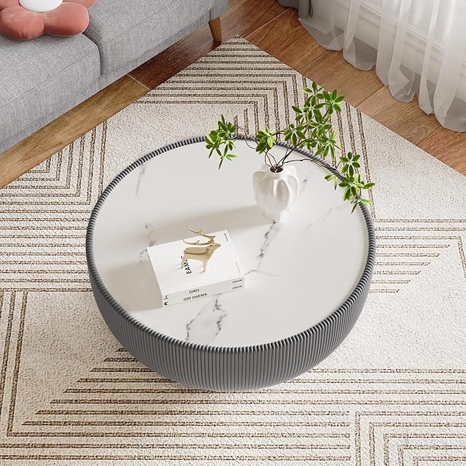 Round Marble Coffee Table 27.56" Bucket Shaped Fluted Coffee Table